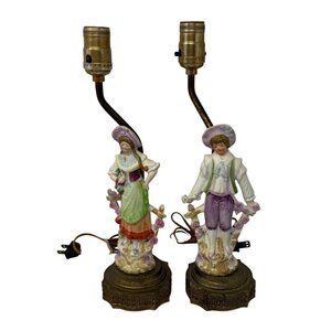 Antique Pair Boudoir Table Lamps Hand Painted Bisque Porcelain Victorian Couple